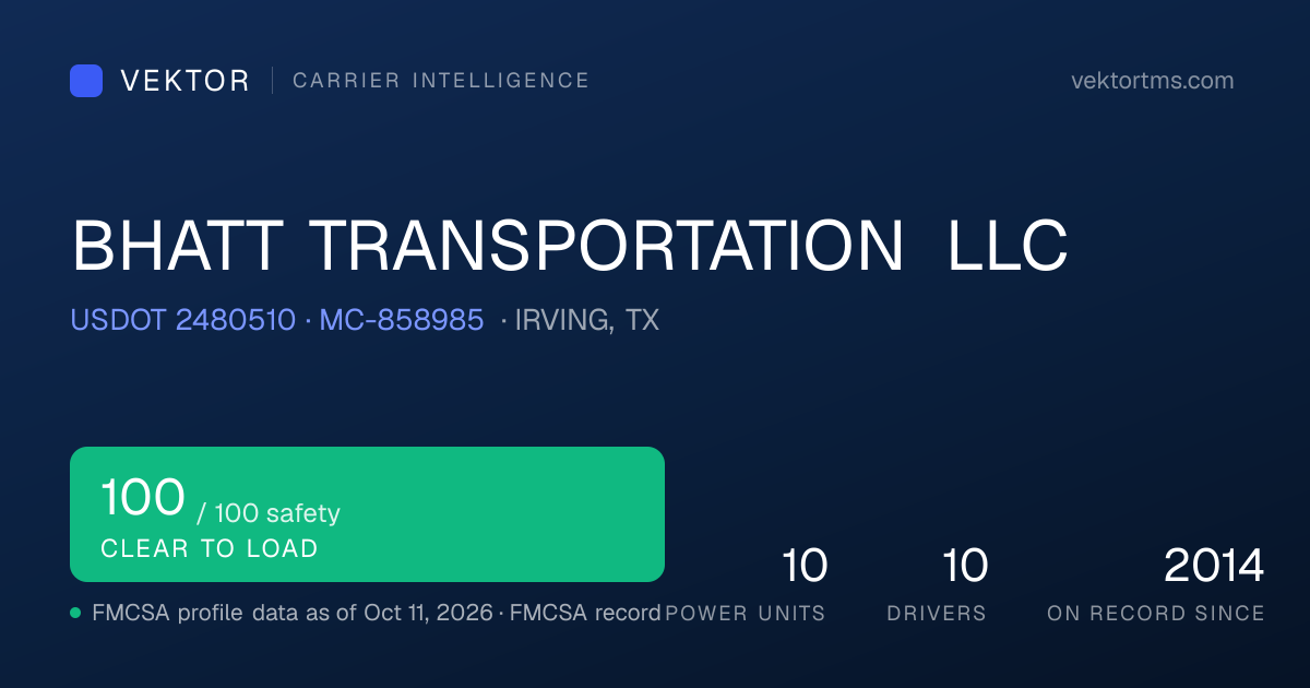 BHATT TRANSPORTATION LLC — Equipment · IRVING, TX · USDOT 2480510