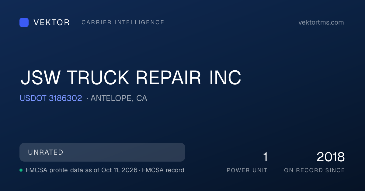 JSW TRUCK REPAIR INC, CA — USDOT 3186302 | Vektor