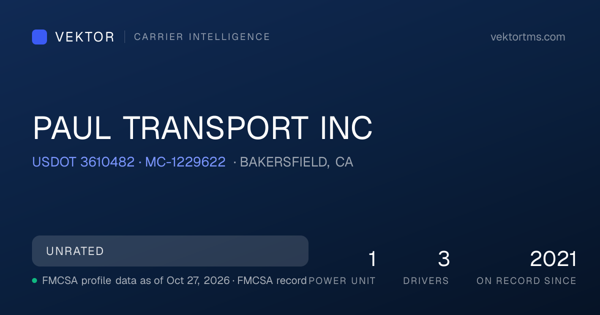 PAUL TRANSPORT INC — Identity & Federal · BAKERSFIELD, CA · USDOT 3610482