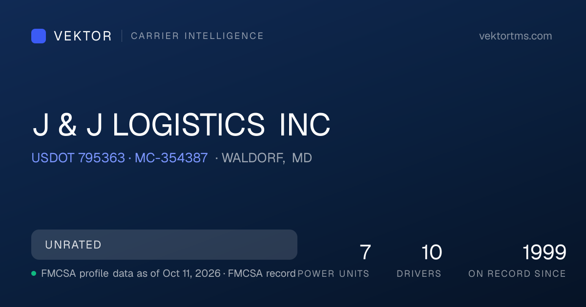 J & J LOGISTICS INC, MD — USDOT 795363 | Vektor